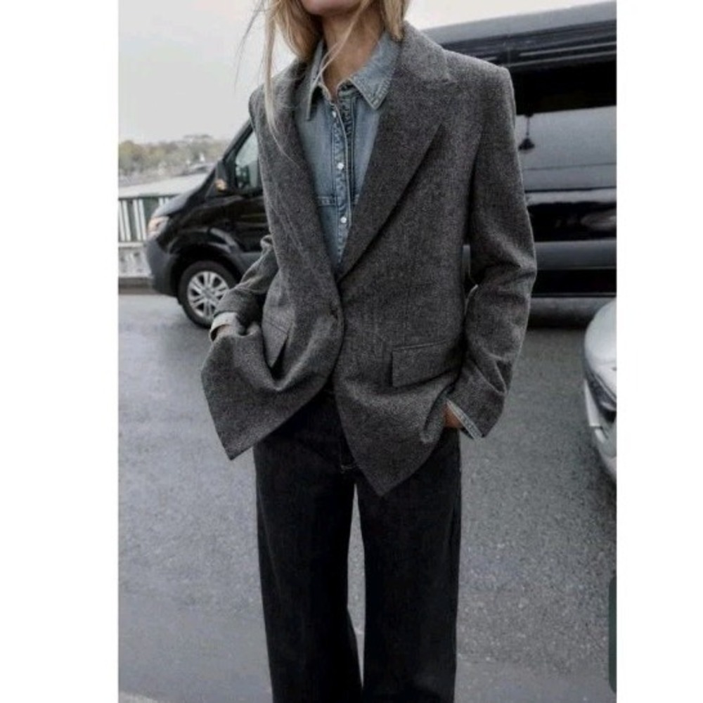 Zara Herringbone Wool Blend Women's Blazer Gray Bkack Size S NWT $99